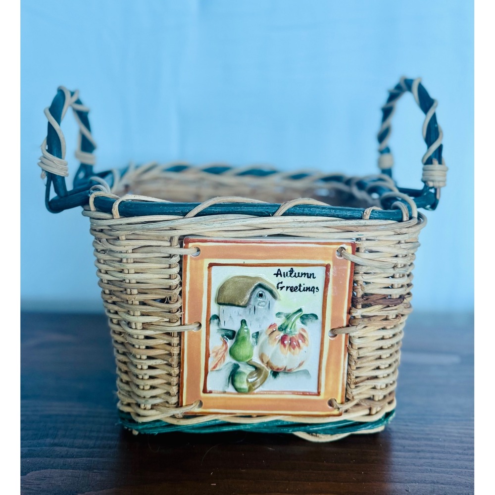 Autumn Greetings Wicker Basket Harvest Ceramic Tile Farmhouse Fall Decor Square